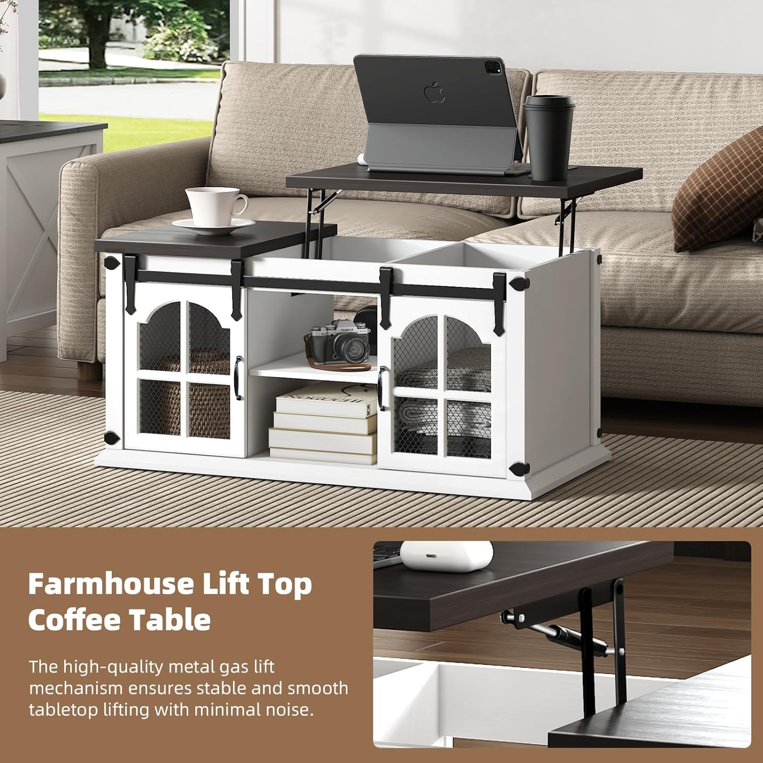 Lift Top Coffee Table with Storage,Farmhouse Coffee Table with Sliding Barn Door,Rustic Center Table with Shelves,Wood Storage Coffee Table with Lifting Top for Living Room,Office,White
