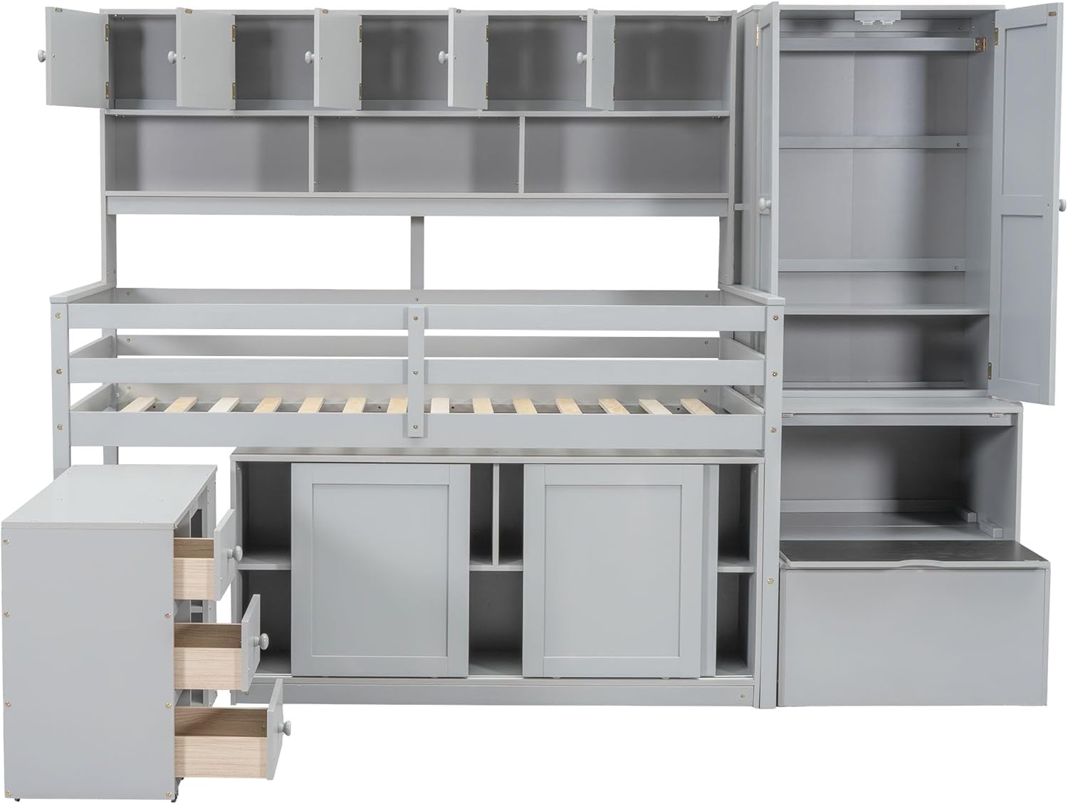 Twin Size Loft Bed for Kids, Extra Large Versatile Wooden Bedframe with Removable Desk/Storage Stairs/Wardrobe/Eight Top Shelves/Two Sliding Door Cabinets, Space-Saving Design, Gray