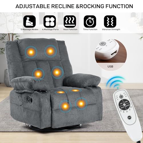 Recliner Chair Massage Fabric Recliners with Heated, 360 Degree Swivel Single Sofa with Cup Holders and Side Pockets Rocking Chair for Living Room
