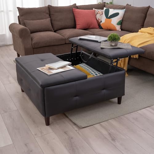 Panana Large Storage Ottoman Coffee Table with Lift Top, Square Ottoman with Storage,Upholstered Ottoman Coffee Tables for Living Room (Linen Fabric, Grey - Square Storage Ottoman Table)