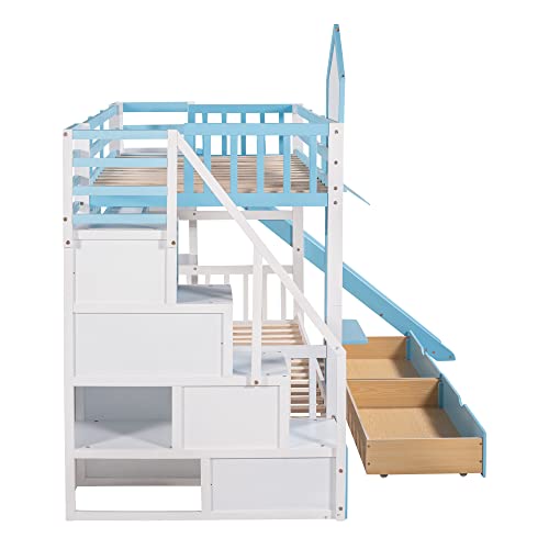 Twin Over Twin Floor Bunk Bed, Ladder with Storage, Wood Bunk Bed, Gray ，Queen Bed
