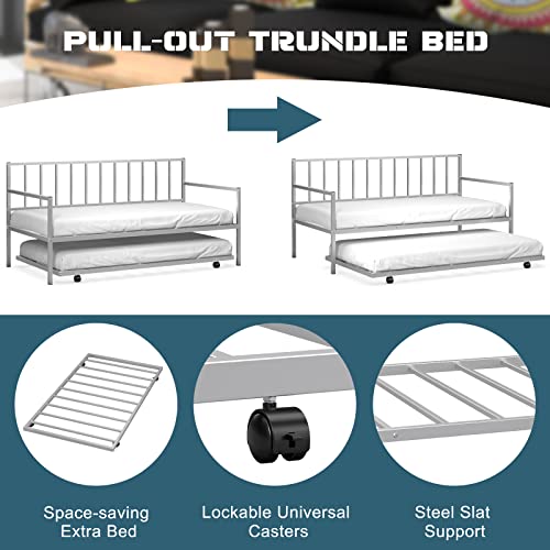 Giantex Twin Daybed with Trundle, Metal Twin Size Daybed with Pullout Trundle w/ 4 Casters, Metal Slat Support Sofa Bed for Kids Teens Adults Living Room, Guest Room, No Box Spring Needed, Silver