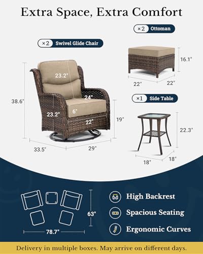 Luxury Patio Furniture Set with 6-inch Thick Cushion, Outdoor Couch and High Back Swivel Rocker Patio Chairs, 7PCS Wicker Conversation Set for Deck, Yard, and Poolside in Blue (V2)