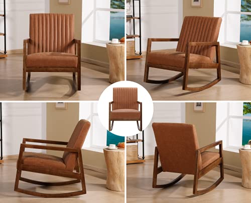 CIMOTA Leather Modern Rocking Chair Mid Century Armchair Upholstered Arm Chair with Padded Seat/Wood Frame, Comfy Rocker for Living Room/Bedroom, Retro Dark Brown PU