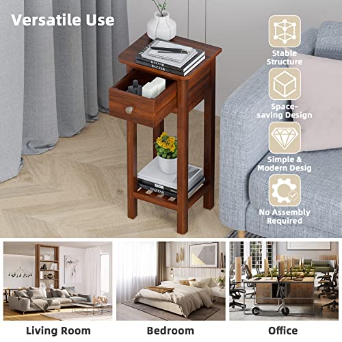 GORELAX Narrow End Table, Tall Nightstand with Drawer & Shelf, Small Bedside Table w/Anti-Tipping Device, No Assembly, Wooden Small Sofa Side Table for Small Space, Living Room, Bedroom (2, White)