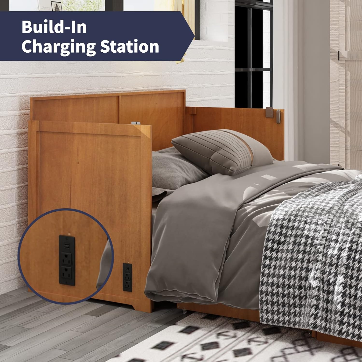 Multifunctional Murphy Cabinet Bed with Built-in USB Power Strip& 2 Drawers, Foldable Platform Bed - Cherry
