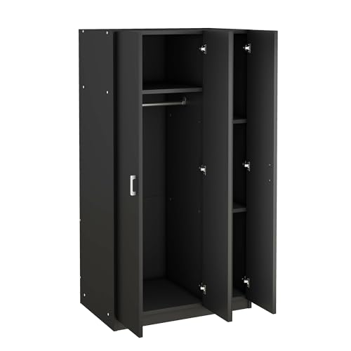 Modern Wardrobe with 3-Door and Storage Drawer, Wooden Armoire with Hanging Rod and 3 Fixed Shelves for Bedrooms Apartment (White-3F)