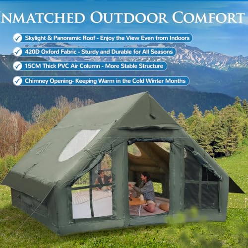 Inflatable Camping Tent with Pump & Detachable Waterproof Canopy - Quick Setup Glamping Shelter with Mesh Windows, Transparent PVC Door Curtains & Skylight for Luxurious Outdoor Adventures