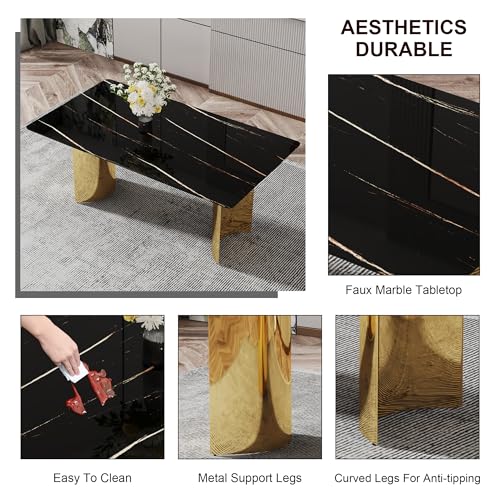 Modern Dining Table Set for 6,White Kitchen Table Set for 6,Marble Textured Table Top with Golden Stainless Steel Base,71'' Gold Dining Room Table with 6 Black Upholstered Dining Chairs