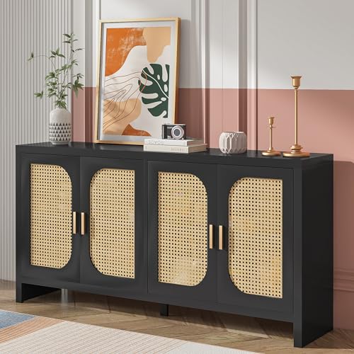 Sideboard Buffet Cabinet with 4 Rattan Doors,Accent Cabinet with Storage,Wood Modern Coffee Bar Cabinet Console Table,with Adjustable Shelves,Dining Room,Kitchen,Living Room,Entryway,Black