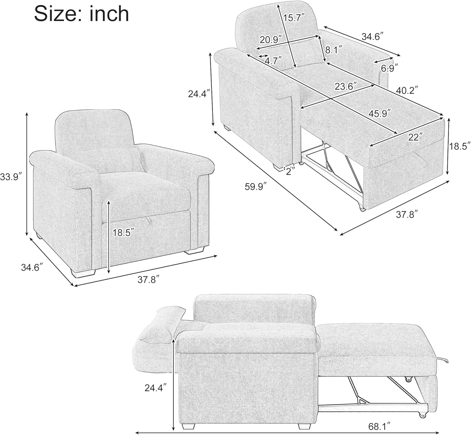 3 in 1 Convertible Sleeper Chair Sofa Bed Pull Out Couch Adjustable Chair with Pillow, Adjust Backrest into a Sofa, Lounger Chair, Single Bed or Living Room or Apartment, Dark Blue