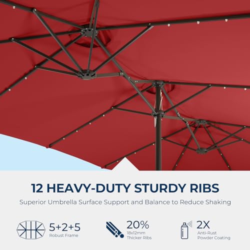 Double Sided Patio Umbrellas - 15ft Solar Lights LED Lighted Outdoor Extra Large Market Table Umbrella with Base Included, Oversized Umbrella for Deck, Pool, Backyard