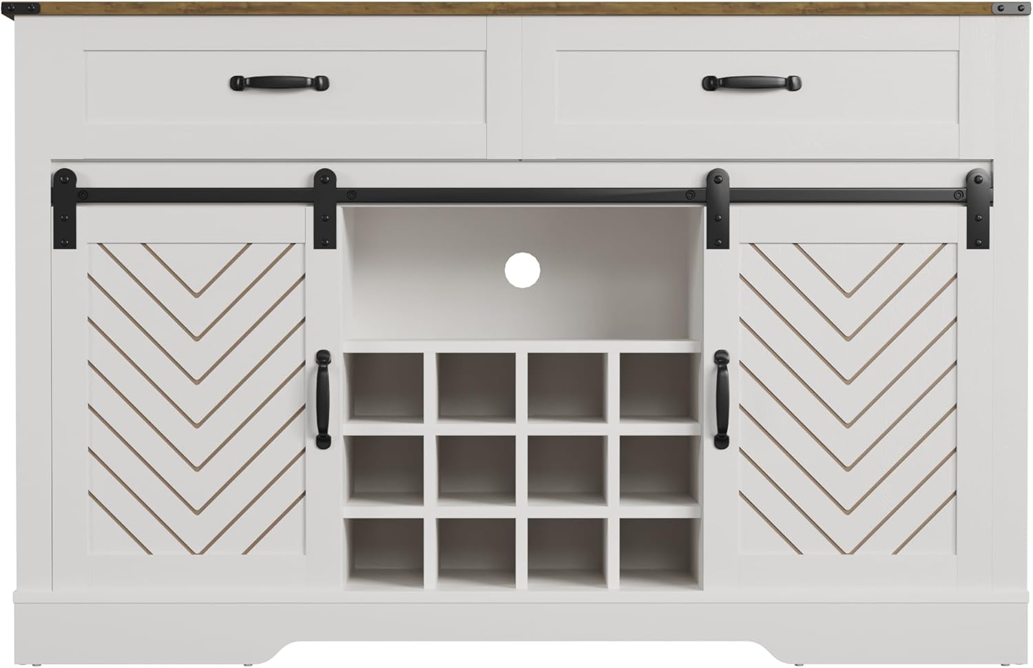 Farmhouse Storage Sideboard Buffet Coffee Bar Cabinet with Sliding Barn Door, 3 Drawers, Wine and Glass Rack - White & Oak