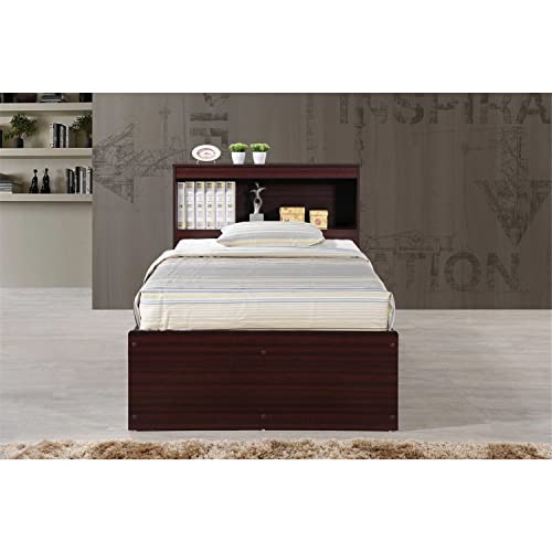 HODEDAH Twin Size Wood Platform Bed with Bookcase Headboard with 3 Drawers for Bedroom Storage Organization, Beech