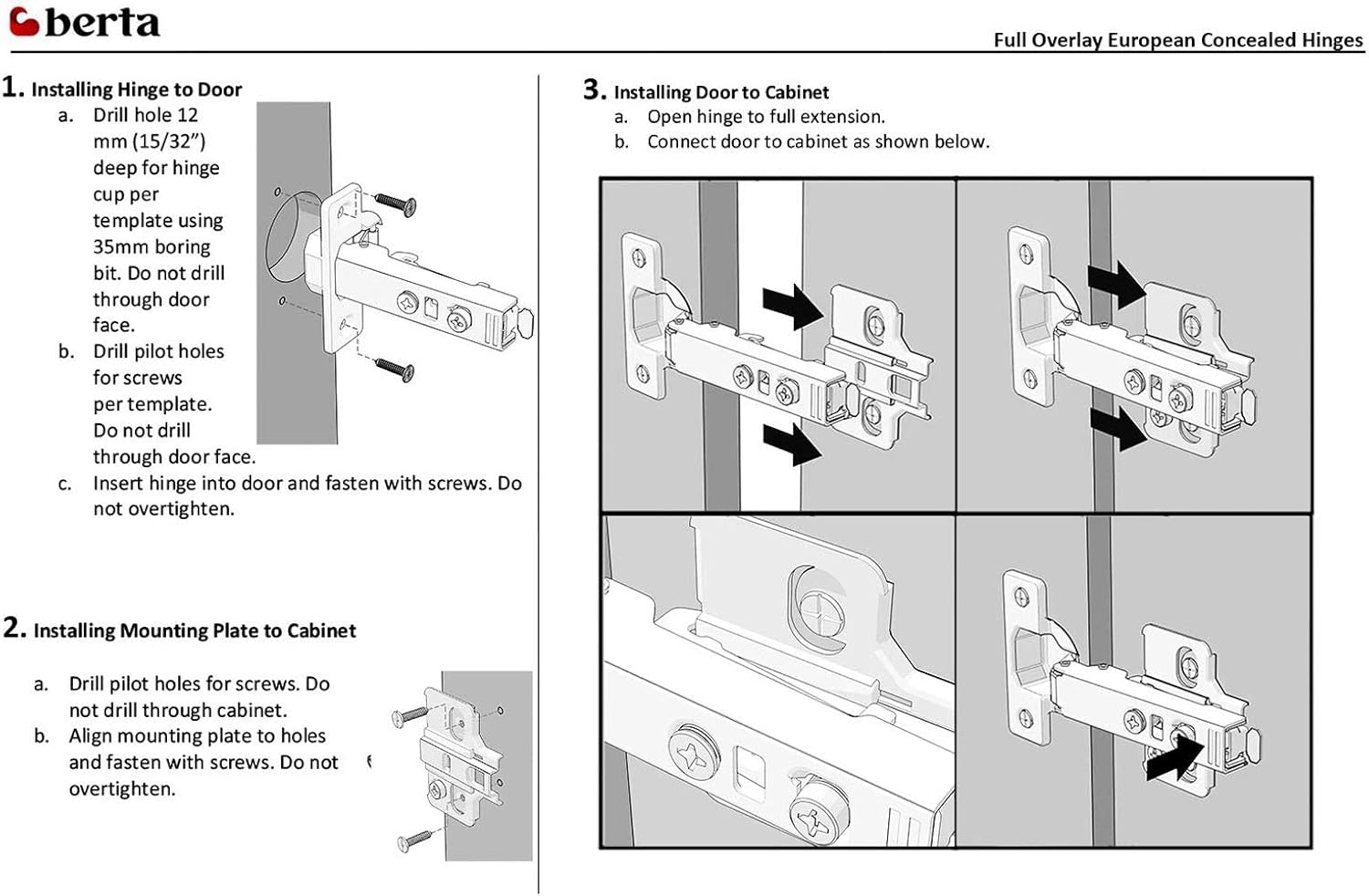 Berta (25 Pieces) Full Overlay Frameless Soft Closing European Hinges, 110 Degree 3D Adjustable Clip On Concealed Kitchen Cabinet Door Hinges with Screws