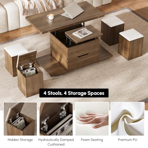 homary Black Lift-Top Coffee Table with Hidden Storage, 3-in-1 Modern Folding Center Table with 4 Stools, Casters, and Lockable Wheels – Convertible Dining & Office Table for Living Room