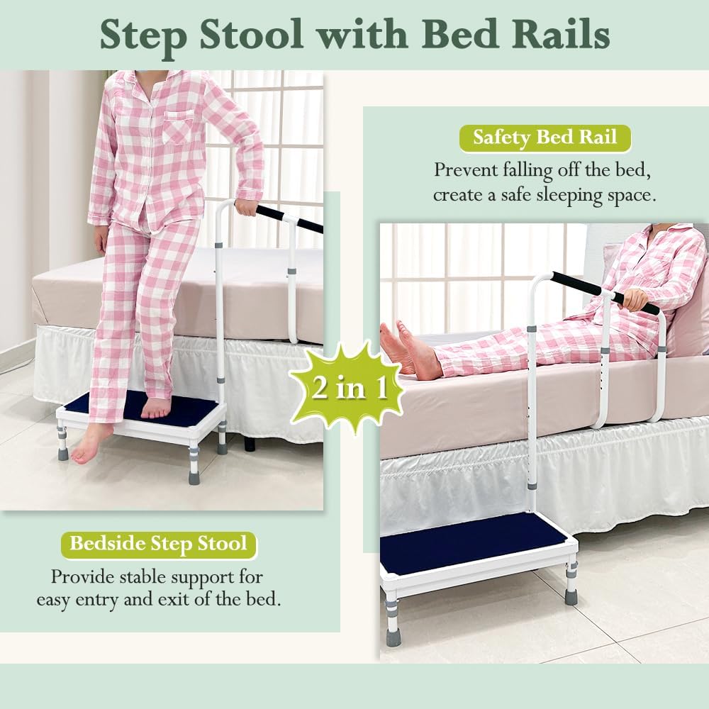 Bed Steps for High Beds for Adults Step Stool with Handle for Elderly 2-in-1 Bedside Guard Rails Bed Cane for Seniors Medical Safety Railing Stop Falling Out of Bed Assistance (21.6" Stool)