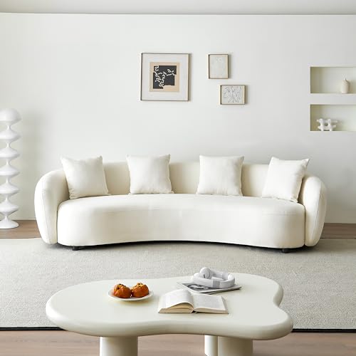 101.57" Curved Sofa Couch for Living Room Modern Boucle Couch with 4 Throw Pillows 4 Seater Cream Upholstered Sofa for Living Room, Office