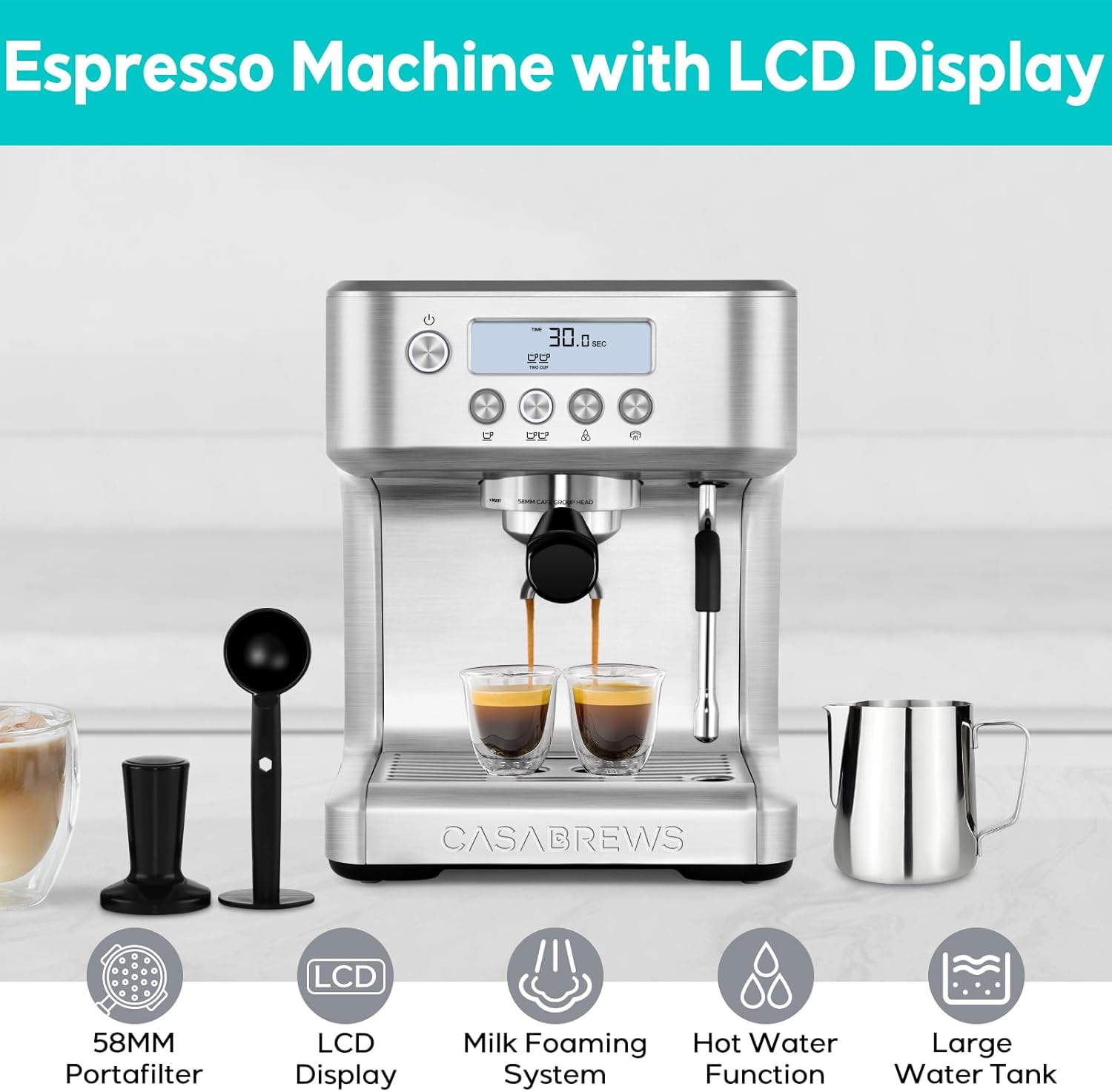 CASABREWS Espresso Machine with LCD Display, Barista Cappuccino Maker with Milk Frother Steam Wand, Professional Latte Coffee Machine with Adjustable Extraction Temperature, for Coffee Enthusiasts