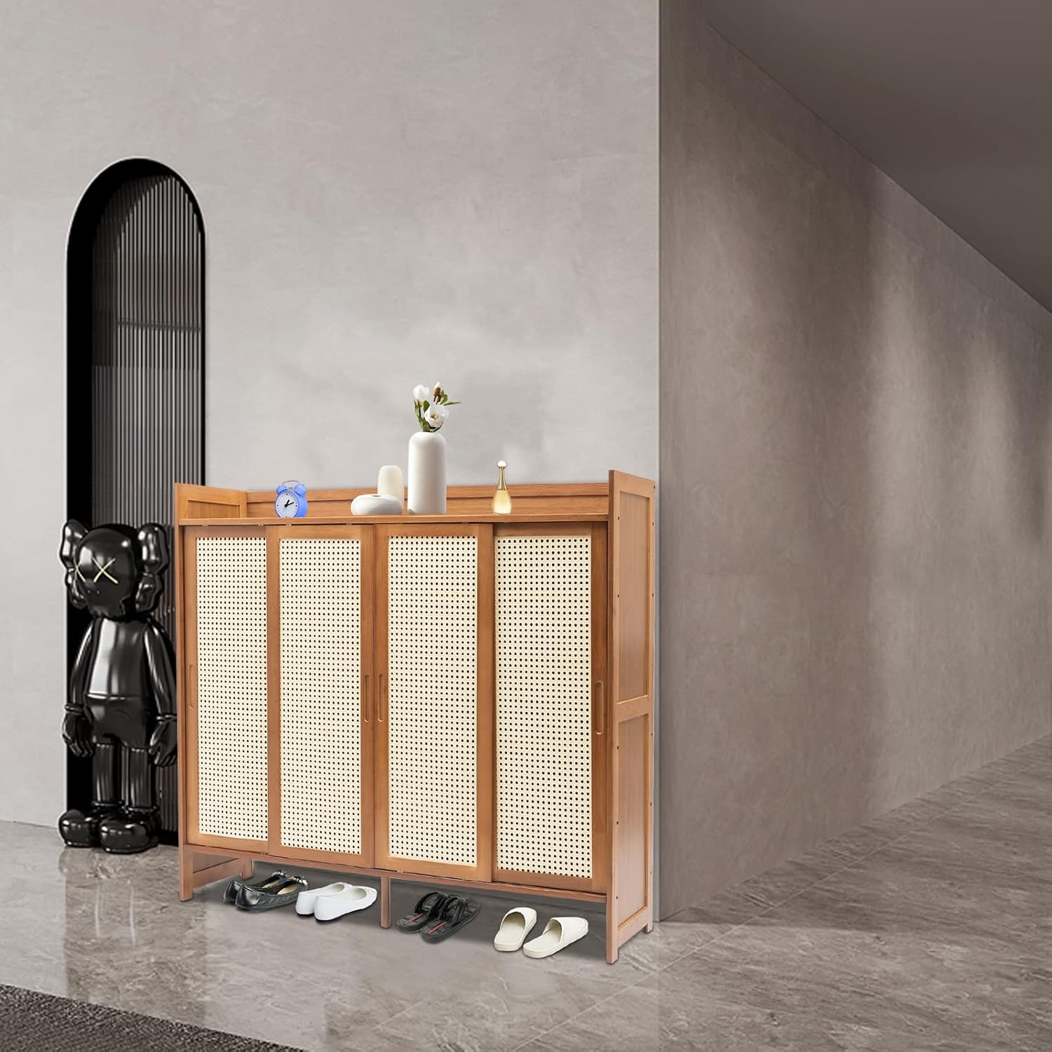 6 Tier Shoe Cabinet Storage with Grid Doors for Entryway Natural Bamboo Shoe Cabinet Shoe Rack Shoe Organizer Space Saving Shoe Storage Bench for Entryway and Hallway (Brown)