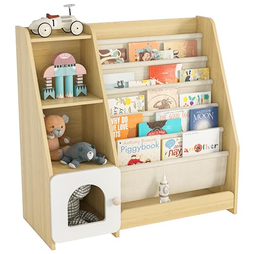 Montessori Kids Bookshelf, 5 Sling Baby Bookcase, 4 Tier Display Shelves, Wooden Book Rack, Toddler Toy Storage Organizer Cabinet, Floor Children Bookshelf Nursery Playroom Bedroom Library, Natural