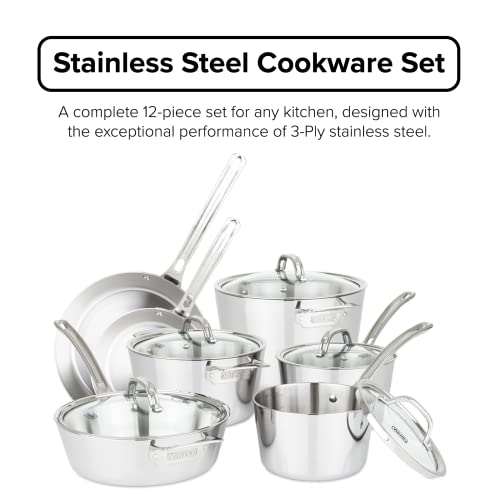 Viking Culinary Contemporary 3-Ply Stainless Steel Cookware Set with Glass Lids, 12 Piece, Dishwasher, Oven Safe, Works on All Cooktops including Induction,Silver