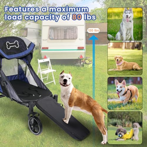 Dog Stroller for Large Dogs Up to 80 lbs One-Click Foldable Medium Dogs Pet Stroller with Access Ramp, Storage, Breathable Mesh Window and Safety Brake, Navy Blue