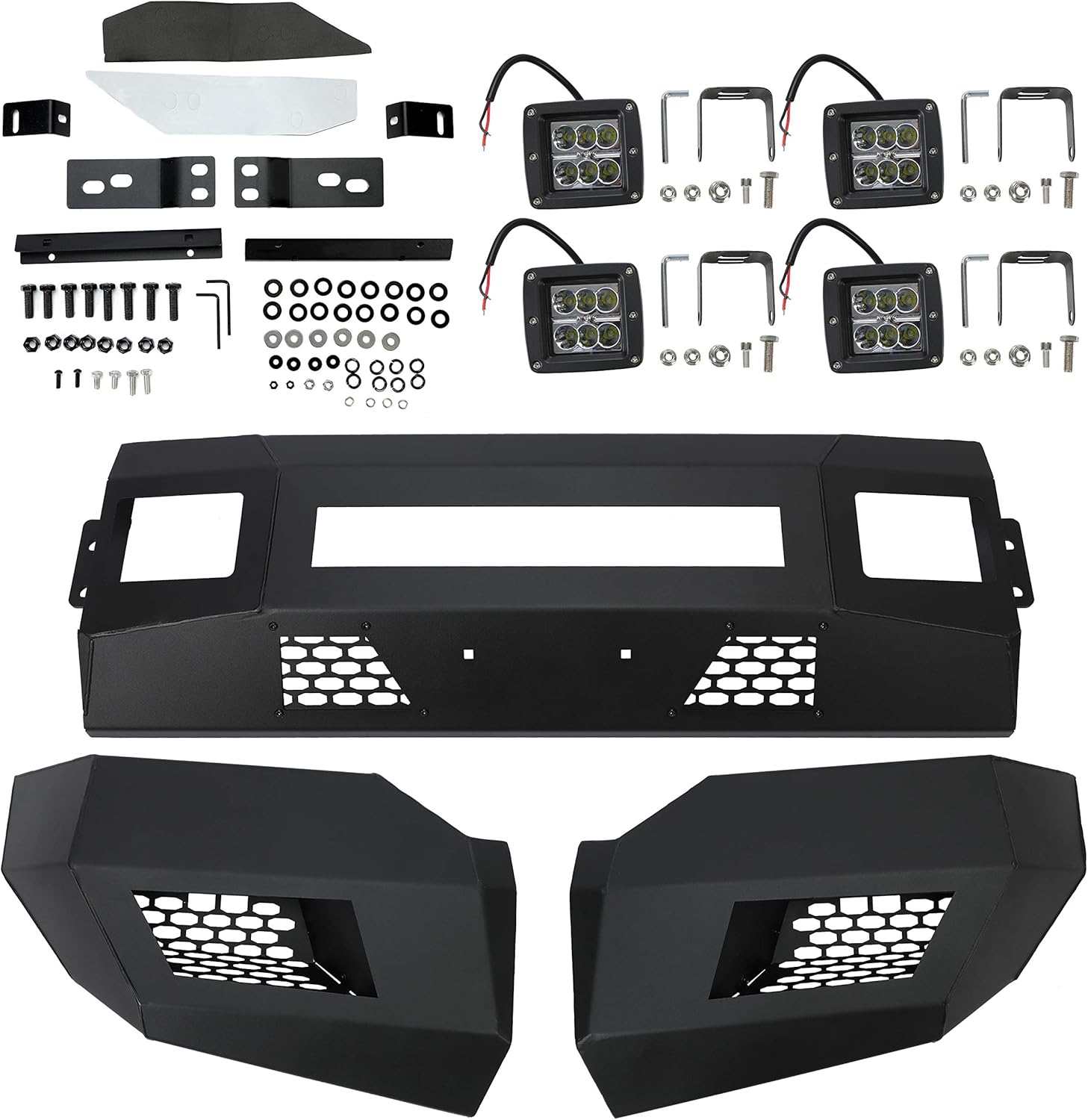 Steel Front Bumper 3 Piece W/Cube Lights Compatible with 2011-2016 Ford F250 F350 Super Duty (2 Packages Shipment)