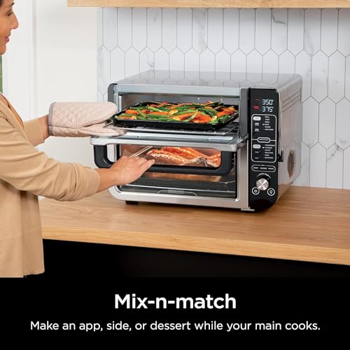 Ninja DCT401 12-in-1 Double Oven with FlexDoor, FlavorSeal & Smart Finish, Rapid Top Convection and Air Fry Bottom, Bake, Roast, Toast, Air Fry, Pizza and More, Stainless Steel (Renewed)