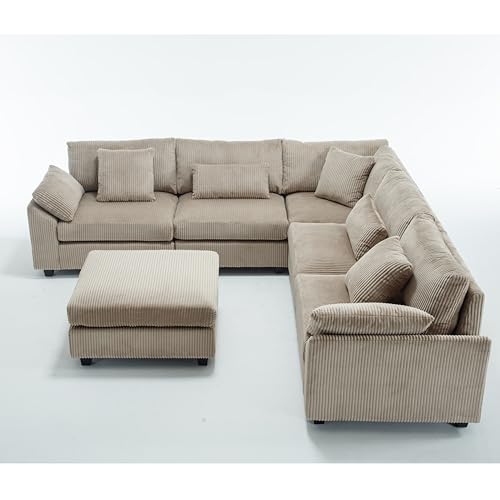 110.6"*110.6" Oversized Corner Modular Sectional Sofa Set, Modern L-Shaped Couch with Movable Ottoman and 7 Pillows, Comfy Corduroy Fabric Deep Seat 6 Seater Cloud Couch for Living Room (Beige)