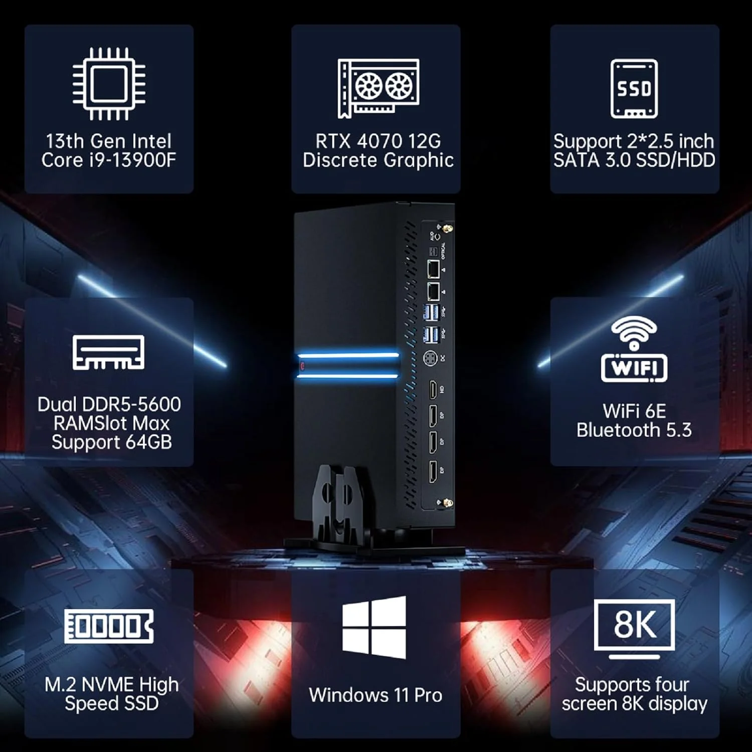 Mini Gaming PC i9-13900F with GeForce RTX4070, Mini Game Desktop Computer 32G DDR5 RAM 1T SSD, Windows 11 Pro, WiFi6E BT5.3, Optical, 1* HDMI 3* DP, 8K, Four Display for Gaming/Design
