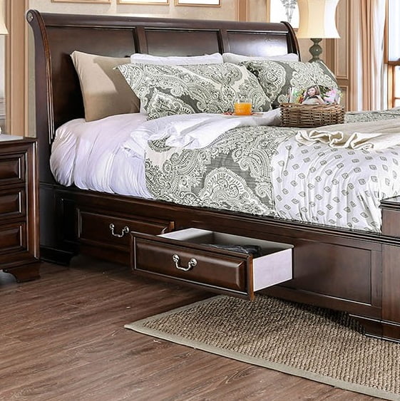 Elegance 3pc Bedroom Furniture Set Transitional Solid wood Queen Size Bed 2x Nightstands w USB Brown Cherry Storage Bed Drawers