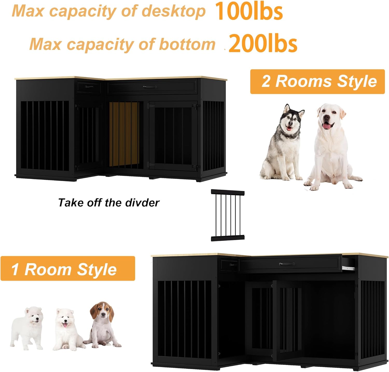 Large Corner Dog Crate Furniture for 2 Dogs, 51" Indoor Wooden Furniture Style Dog Kennel House with Double Rooms, Drawers & Divider for Large & Medium Dogs, Black