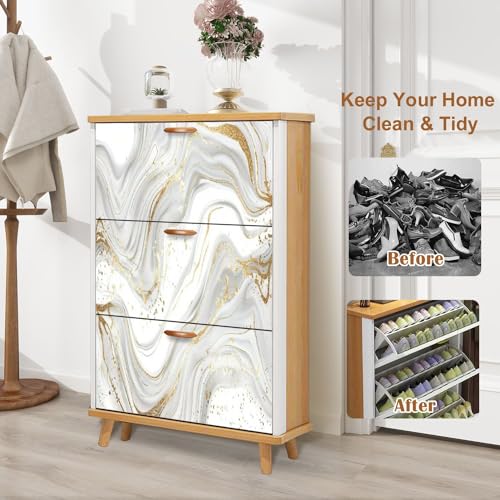 Shoe Cabinet with 3 Flip Drawers Luxury art Eastern style Golden swirl artistic Painter uses vibrant Wooden Shoe Storage Cabinet Boho Freestanding Hidden Shoe Rack Slim Shoe Organizer for Entryway