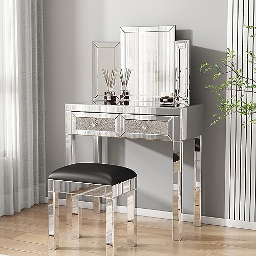 Mirrored Vanity Dressing Table Set Mirrored Makeup Desk Luxury Silver Stool Padded Beach Glass Console Table Modern Table with 2 Drawer Storage