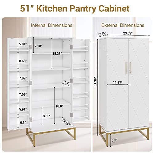51” Pantry Cabinets, White Freestanding Kitchen Pantry Storage Cabinet with Adjustable Shelves, Buffet Cupboards Storage Cabinet for Home Office Use, White + Gold