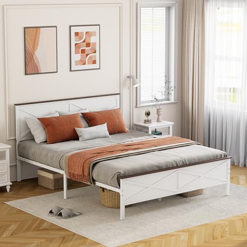 VOPEAK Farmhouse Queen Bed Frame with Headboard and Footboard, Bed Frame Queen Size Metal Platform with Under Bed Storage, Noise Free, No Box Spring Needed, Easy to Install, Sturdy & Stable, White
