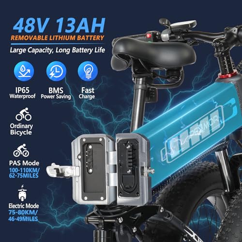PEXMOR Electric Bike for Adults, 750W(Peak 1000W) 30MPH | Full Suspension Ebike, 60+ Miles 48V 12AH Removable Battery, 26" Fat Tire Foldable Mountain Commuter Electric Bicycle 21 Speed, UL2849