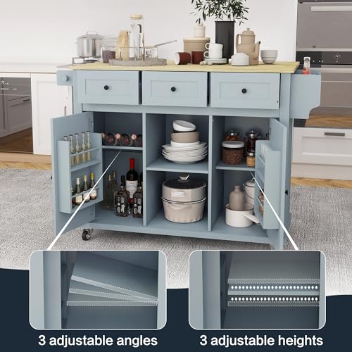 Kitchen Cart on Wheels with Drop Leaf,Rolling Kitchen Island with Storage Cabinet and 3 Drawers,Spice Rack,Towel Rack,Island Table for Kitchen,Living Room,Dining Room (Grey Blue)