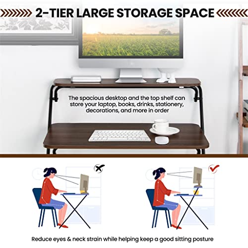 2 Tier Folding Computer Desk Laptop Desk Home Office No Assemble Brown Desk (D (33.5x24x38)) (D (33.5x24x38))