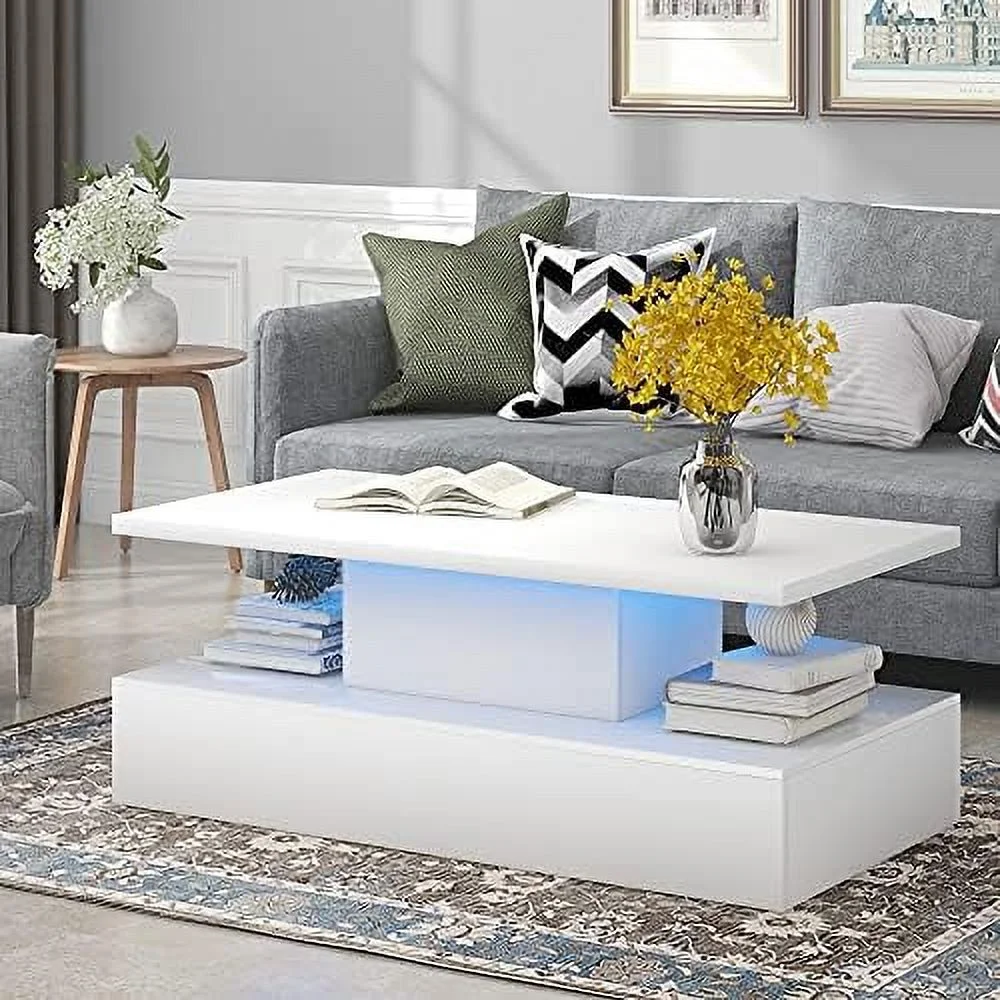 RUNFAYBIU Modern Coffee Table with LED Lights  High Gloss Rectangle Coffee Table with 2 Tiers and 16-Color LED Light  47.2 in Cocktail End Table Modern Side/End/Sofa Table for Living Room
