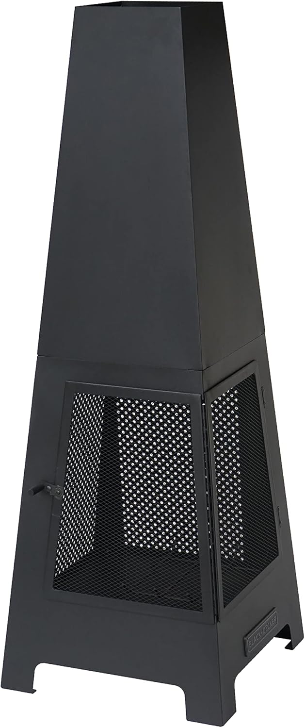 BLACK + DECKER Steel Woodburning Pyramid Chiminea Outdoor Fireplace Hinged mesh screen panel doors Black powder coated steel fire pit over 4 ft tall includes poker