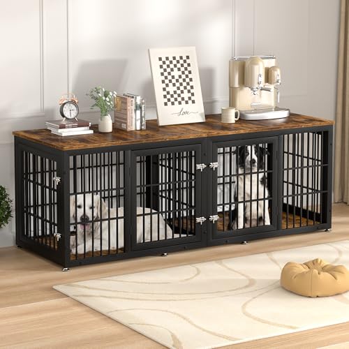 48 Inch Heavy Duty Dog Crate Furniture for Large Dogs, Decorative Pet House End Table, Extra Large Wooden Cage Kennel Furniture Indoor, Natural and White