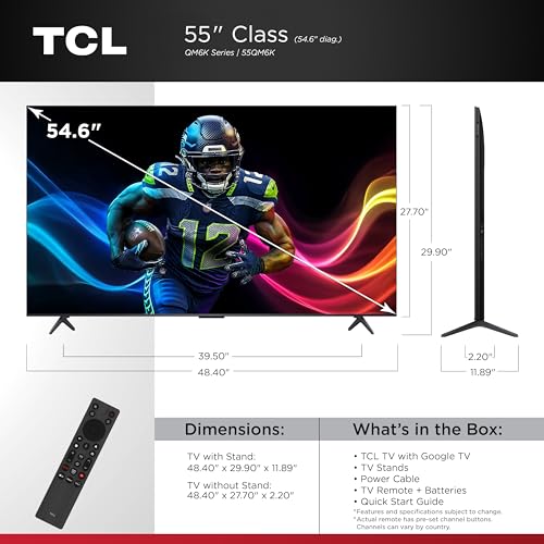 TCL 65-Inch Class QM6K Series QD-Mini LED 4K UHD Google Smart TV Best Value Mini-LED TV - QLED, 144hz, 288hz Gaming Rate, High Contrast Screen, Onkyo Audio, Dolby Atmos (65QM6K, 2025 Model)