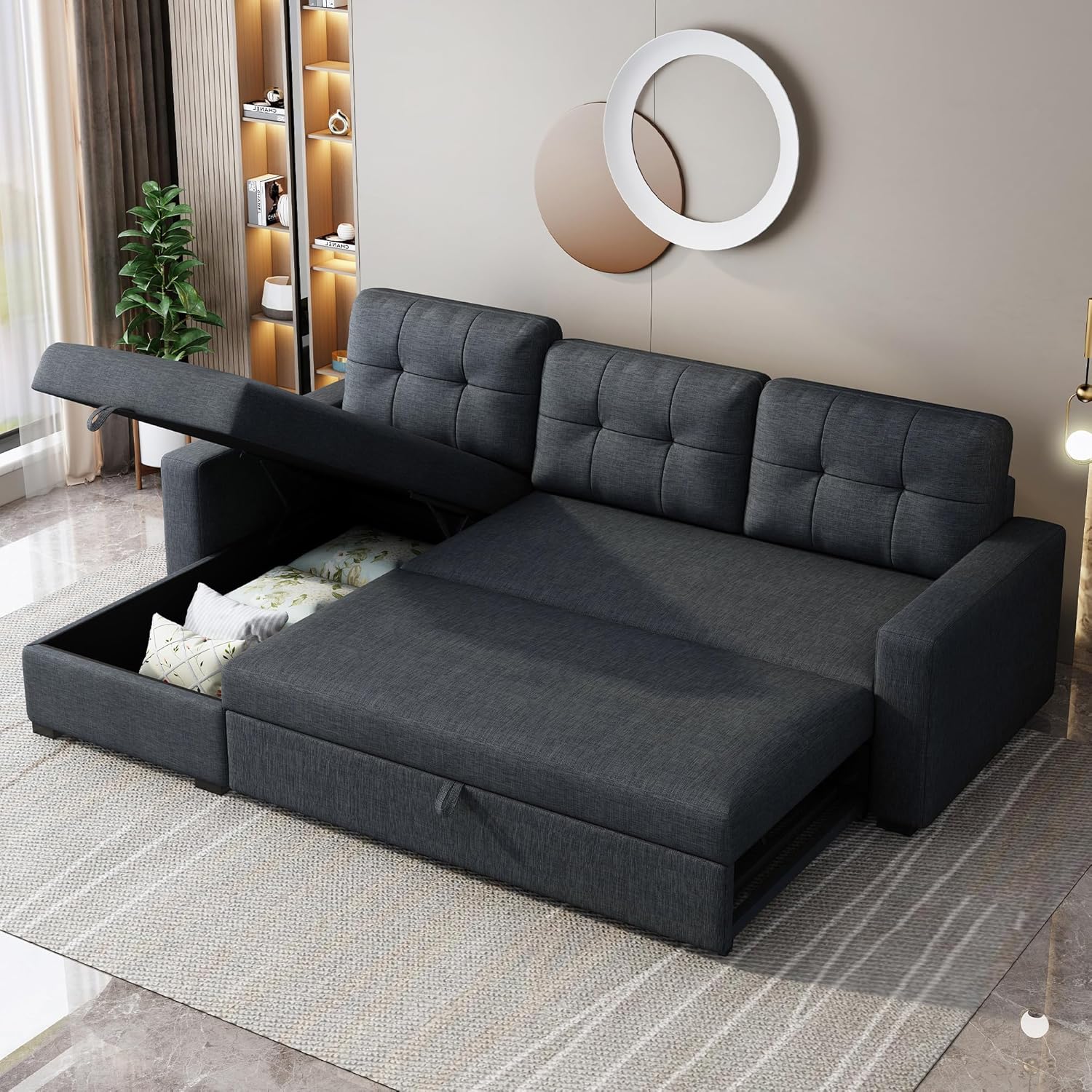 Sleeper Sofa Couch with Pull Out Bed,L Shaped Sleeper Sofa with Storage,Sectional Sleeper Couch,Convertible Sleeper Sectional Sofa W/Chaise and 3 Back Cushions,for Living Room,Office,Dark Grey