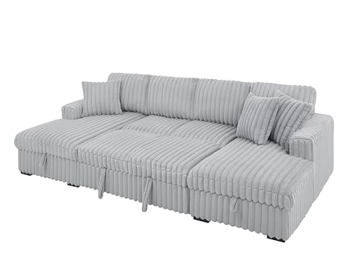 roomfitters U Shaped Sleeper Sofa, 122 Inch Oversized - 2 in 1 Pull Out Bed, Sectional Sleeper Sofa with Double Storage Chaise for Living Room, Rabbit Plush Corduroy Fabric Couch, Grey
