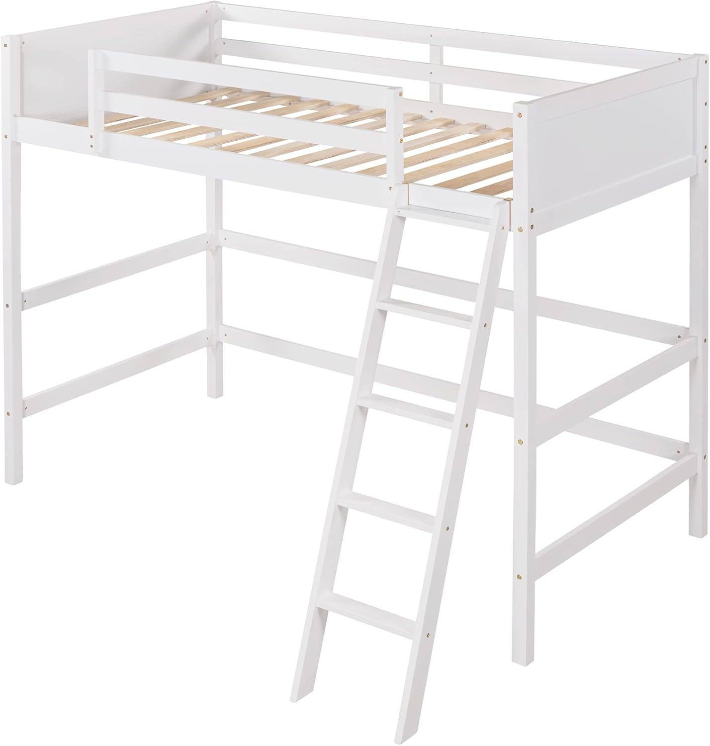 Solid Wood Twin Size Loft Bed with Ladder(White)