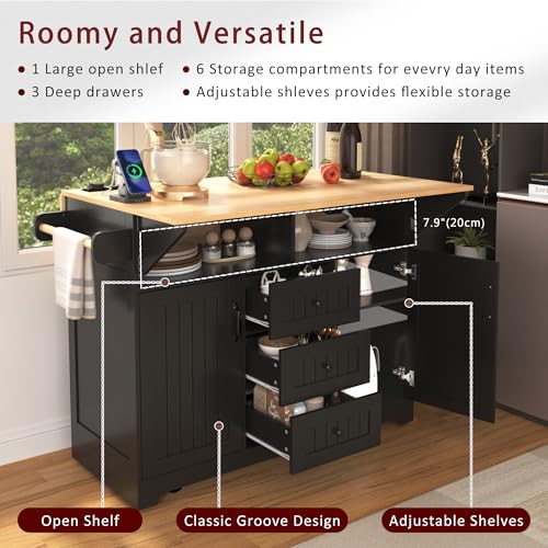 Foldable White 55.7 Inch Kitchen Storage Island Cart with 2 Drop Leaf Extensions, 5-Wheel Rolling Table, Power Outlet & USB Port, 3 Drawers Spice Rack Towel Holder for Small Spaces
