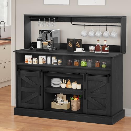 YITAHOME 52" Farmhouse Buffet Cabinet with Storage, Sliding Barn Door, Sideboard Cabinet with Goblet Holder, 5 Hooks and Power Outlets, Coffee Bar Cabinet for Kitchen, Living Room (White)