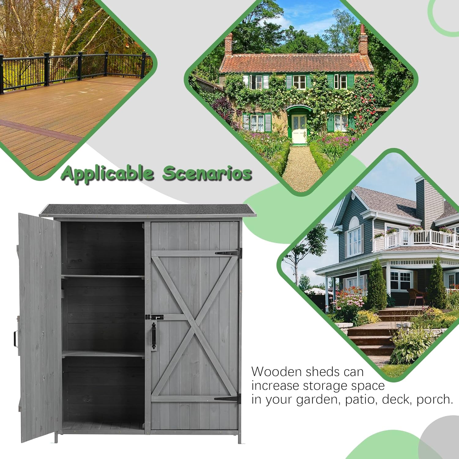 Outdoor Storage Shed, Wood Garden Cabinet with 2 Lockable Doors, 2 Adjustable Shelves & Metal Hooks, Ider for Yard Garge Patio Deck Porch, 56" L x 19.5" W x 64" H - Aqua Grey
